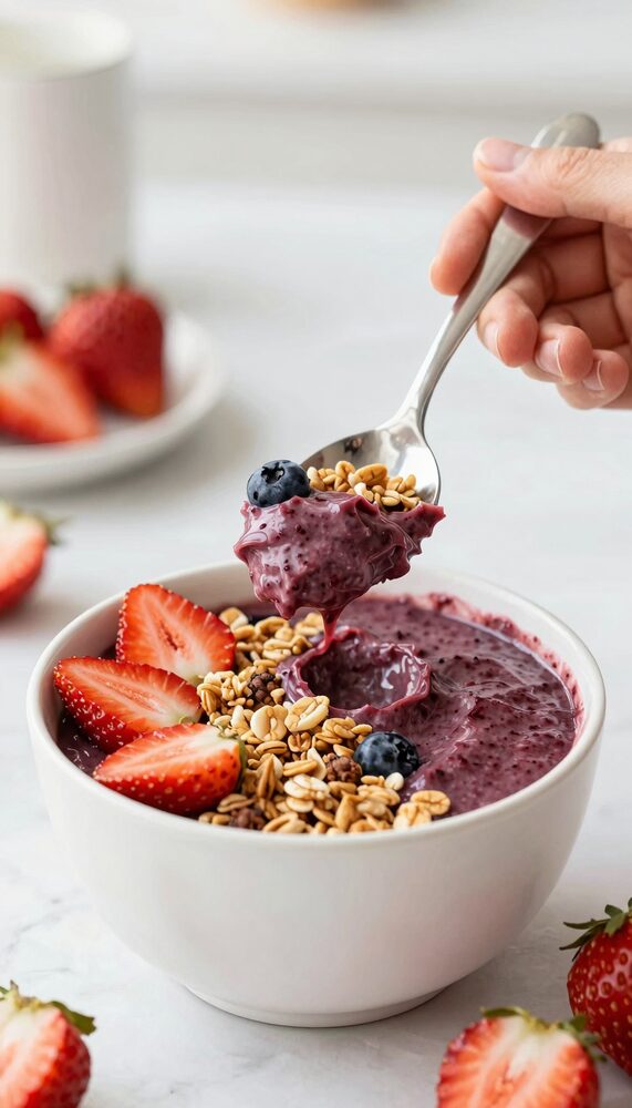 Hand lifting a spoonful of berry smoothie bowl topped with granola and strawberries