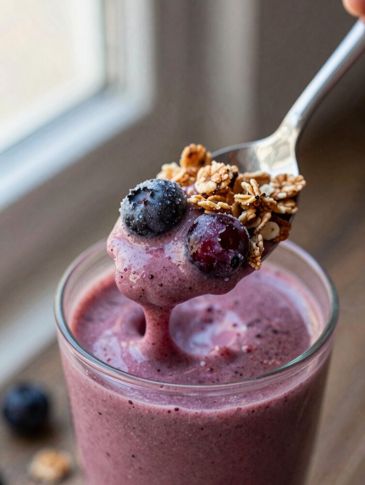 Spoon scooping a thick berry smoothie bowl revealing dense frozen fruit texture