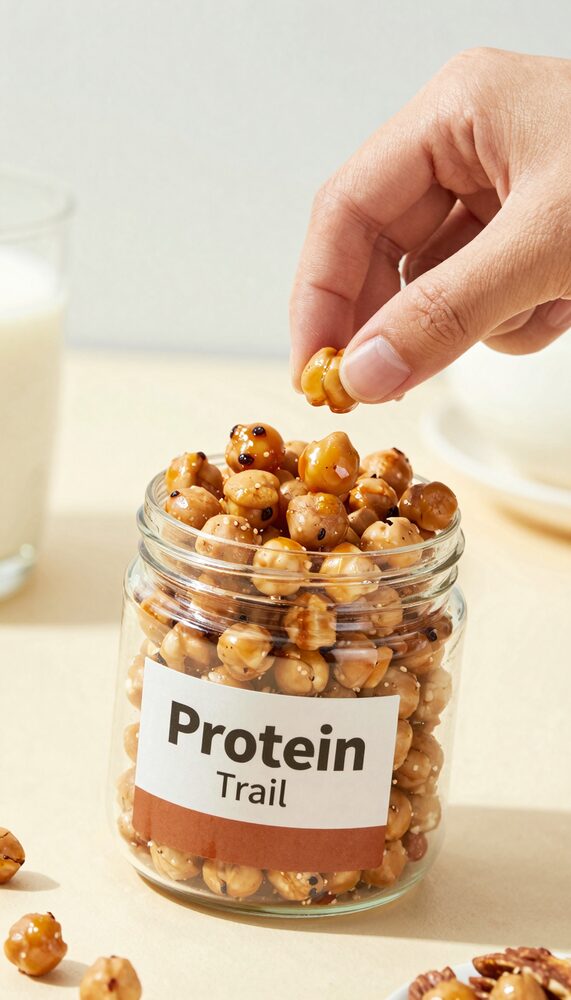 Hand grabbing a small jar of protein trail mix with roasted chickpeas and nuts
