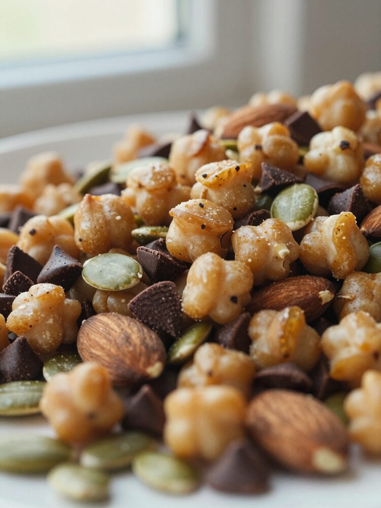 Scoop of high protein trail mix with roasted chickpeas, almonds, pumpkin seeds and chocolate chips