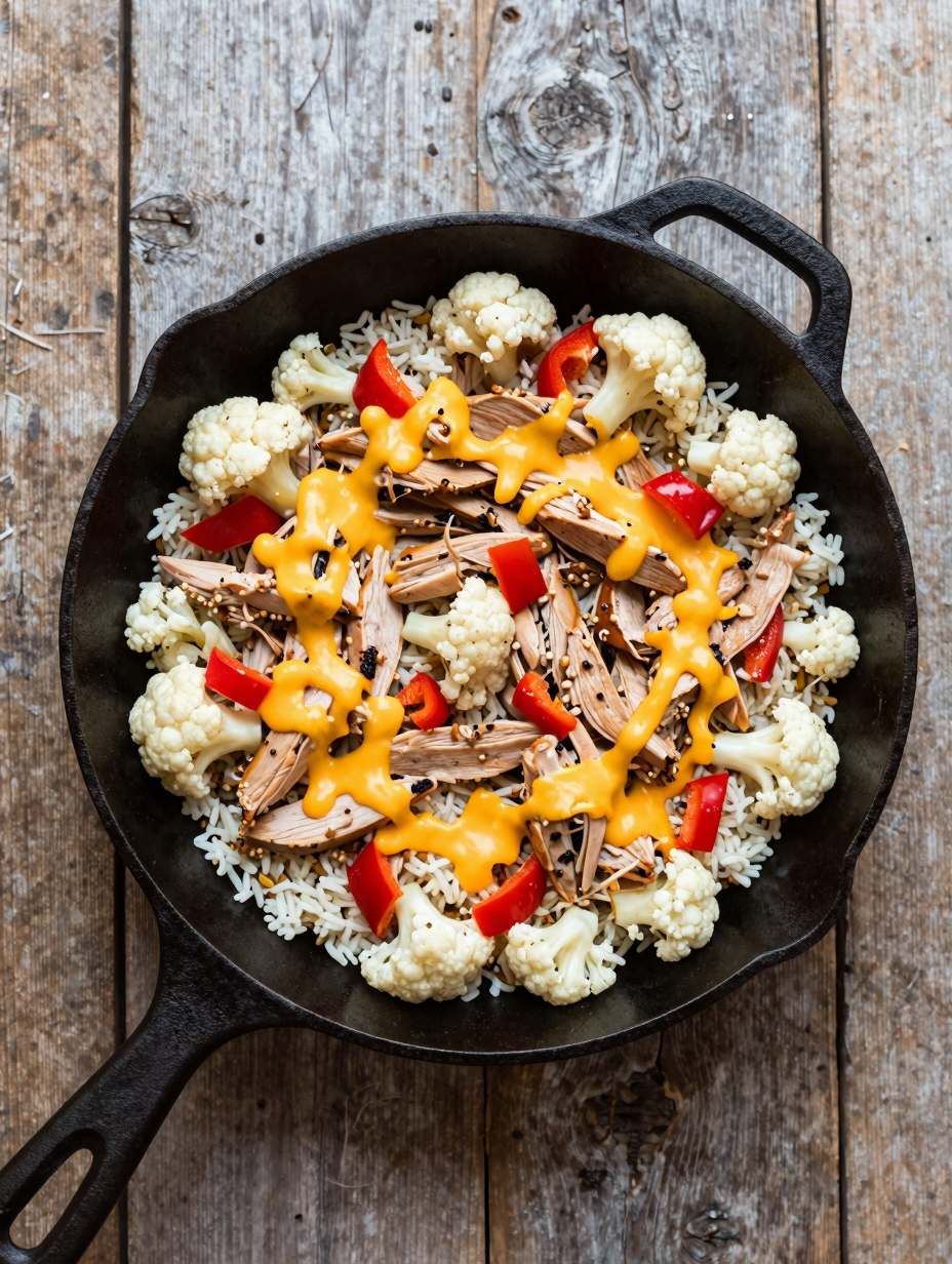 Skillet of ground turkey and cauliflower rice with red peppers and melted cheddar cheese