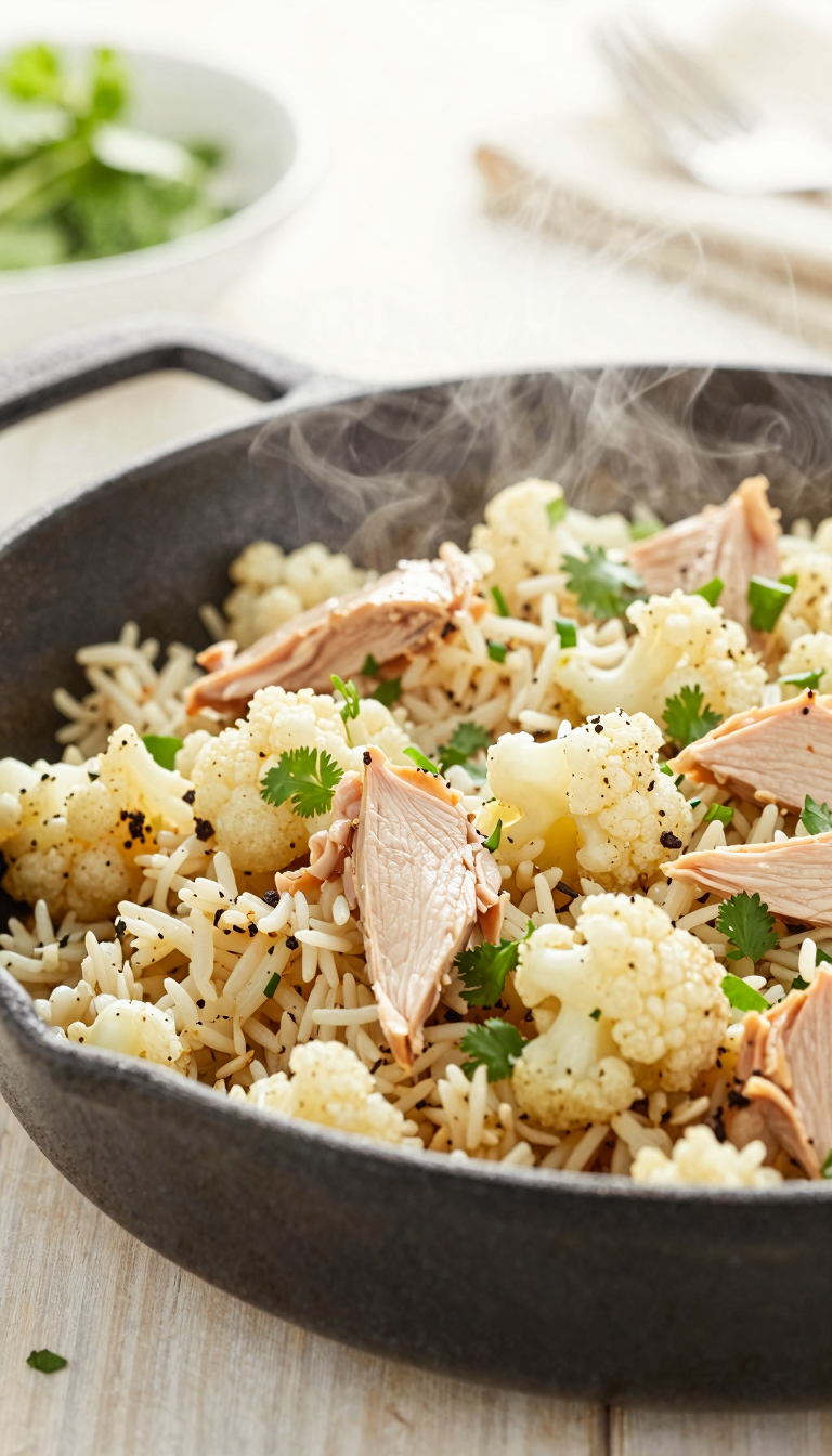 Overhead shot of turkey cauliflower rice skillet with cilantro garnish, steam rising