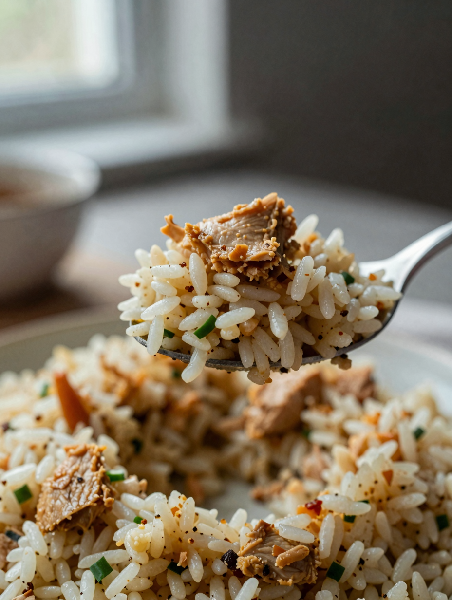 Close-up spoonful of turkey cauliflower rice skillet showing texture of rice and turkey crumbles