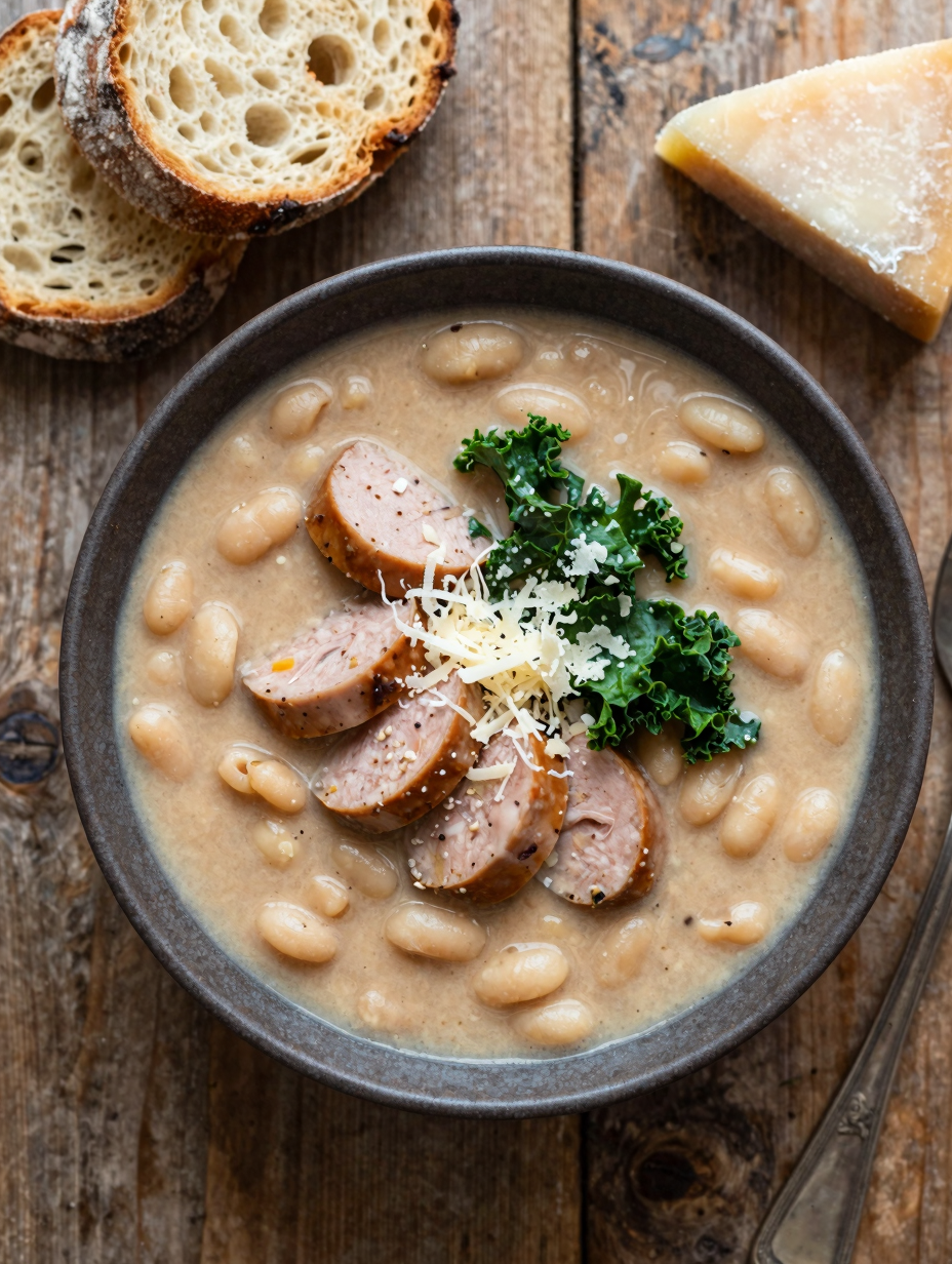 Bowl of high protein white bean soup with chicken sausage, kale and grated Parmesan on top