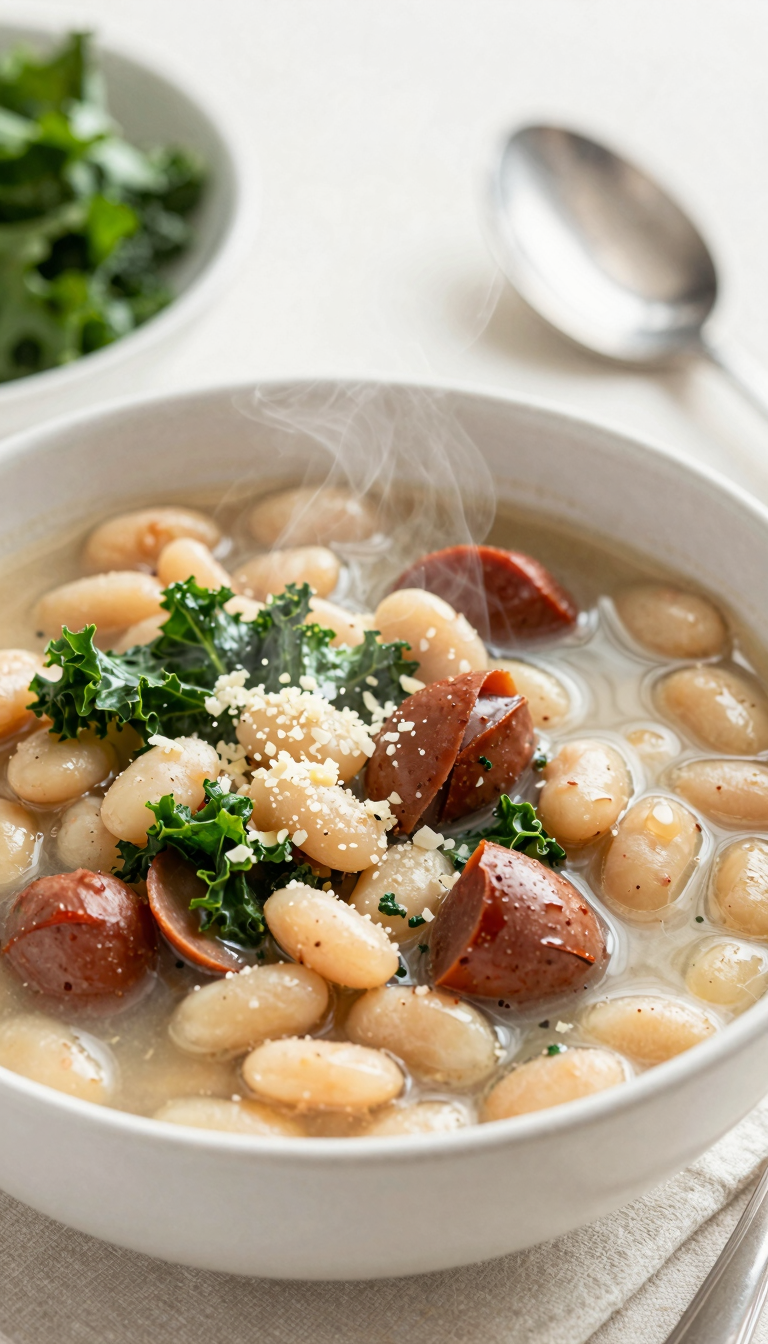 Overhead shot of white bean and sausage soup in a dark bowl with Parmesan and crusty bread on the side