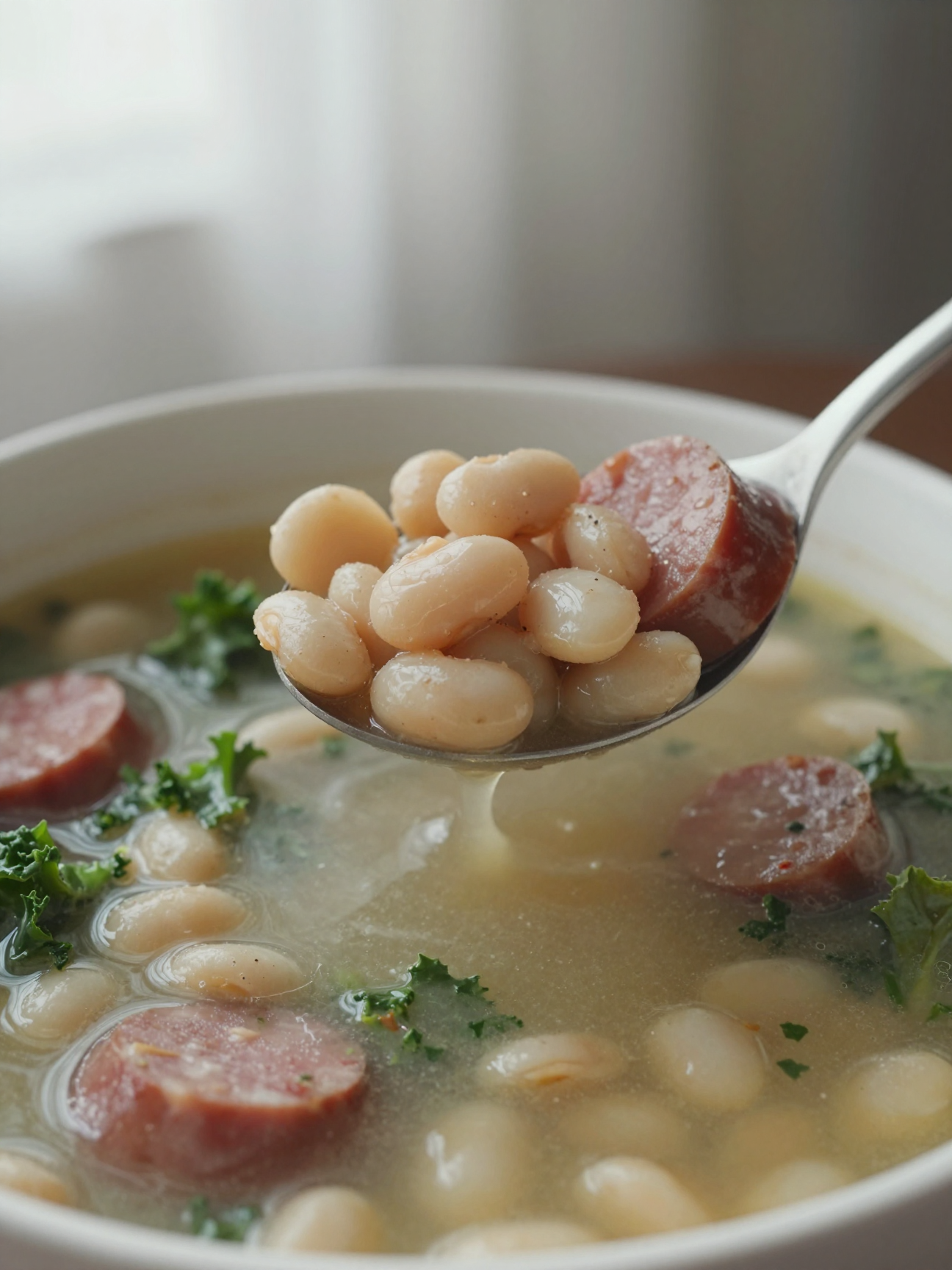 Close-up spoon lifting white beans, sausage slices and kale from a thick broth