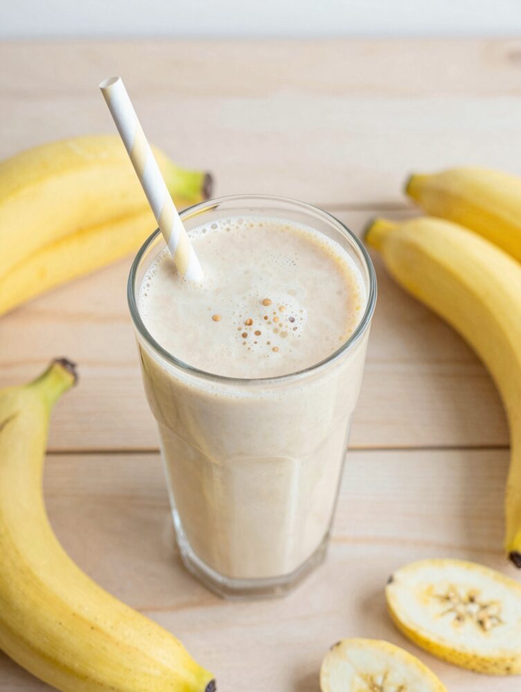 Tall glass of creamy banana peanut butter protein shake with a straw, surrounded by fresh bananas