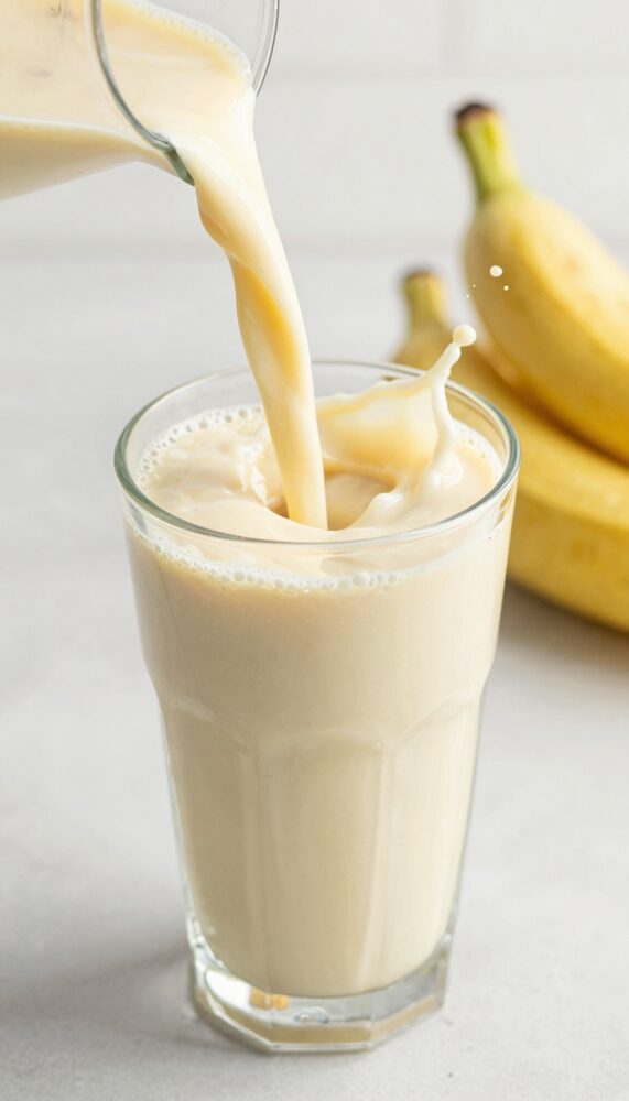 Pouring a creamy banana protein shake into a glass with splash motion