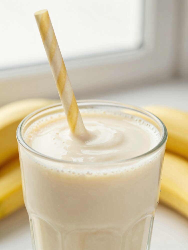 Straw lifted out of a thick creamy banana protein shake showing smooth texture
