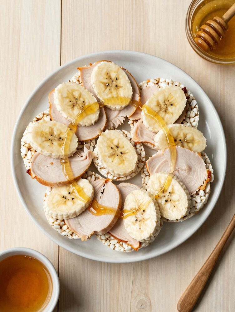 Rice cakes topped with turkey slices, banana, and a drizzle of honey arranged on a plate