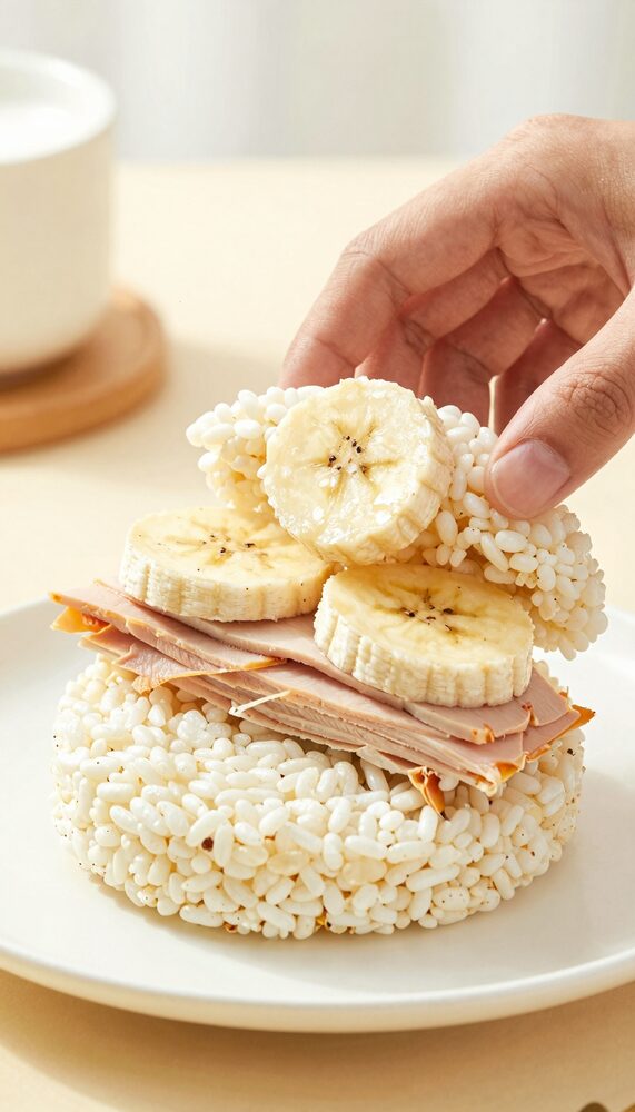 Hand picking up a rice cake topped with turkey and banana slices