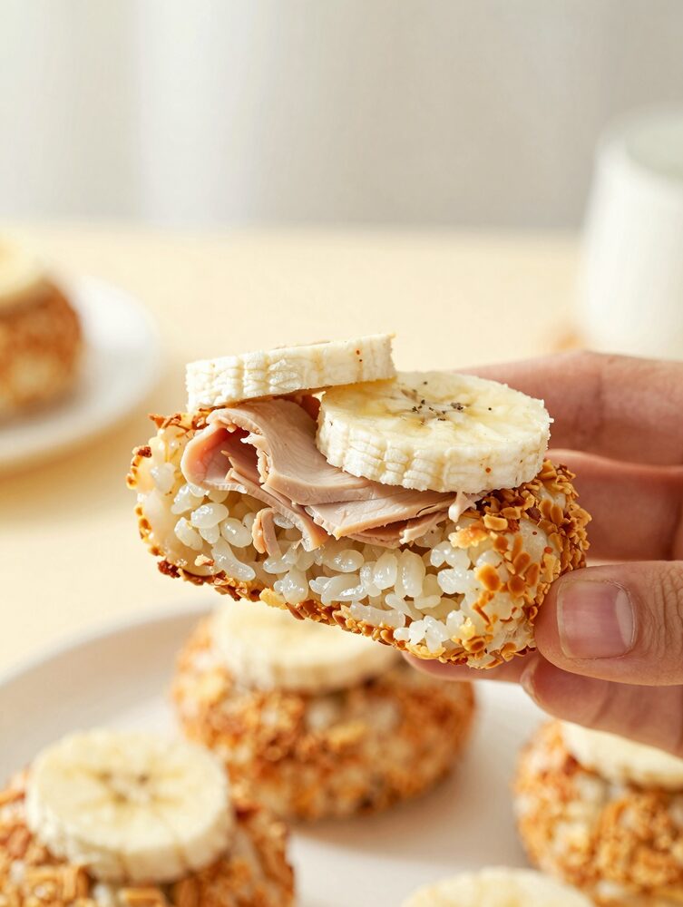 Bite taken out of a rice cake topped with turkey and banana showing crisp texture