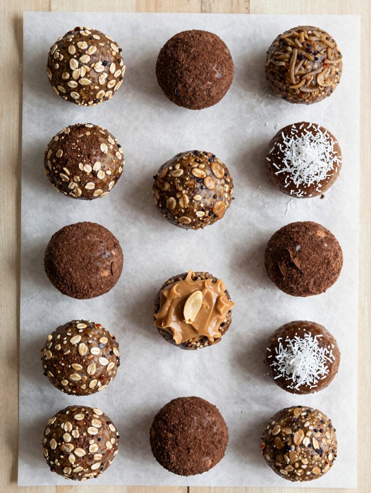 No-bake protein energy balls with various toppings on parchment paper