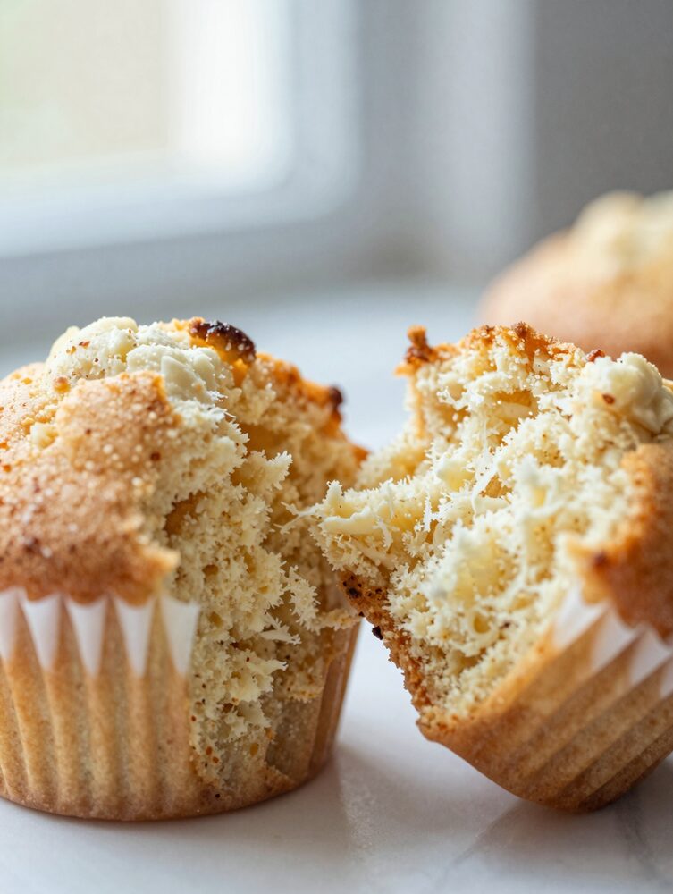 Protein muffin torn in half revealing soft fluffy crumb texture