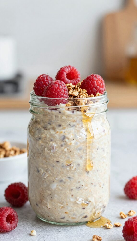 Tall jar of protein overnight oats with honey drizzling down the side and granola on top
