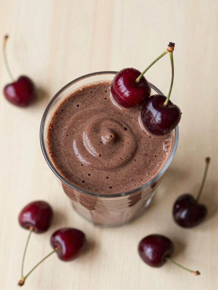 Glass of dark chocolate cherry smoothie topped with fresh cherries