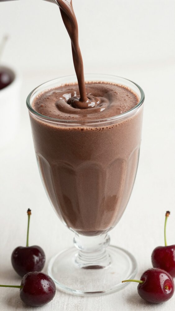 Pouring a thick dark chocolate cherry smoothie into a glass