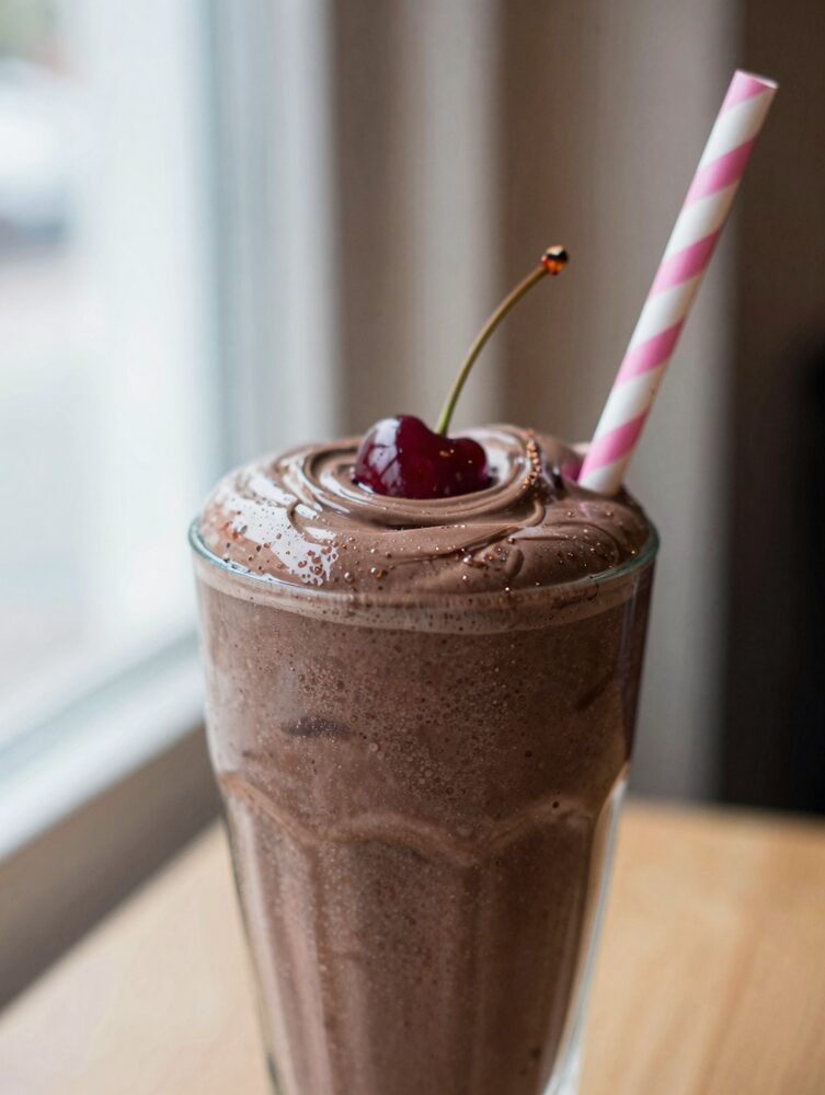 Straw lifted from a thick dark chocolate cherry smoothie showing rich creamy texture