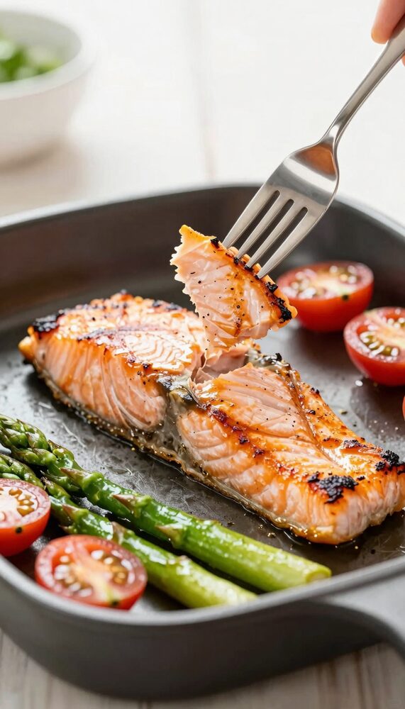 Fork flaking apart a roasted salmon fillet on a sheet pan with asparagus and tomatoes