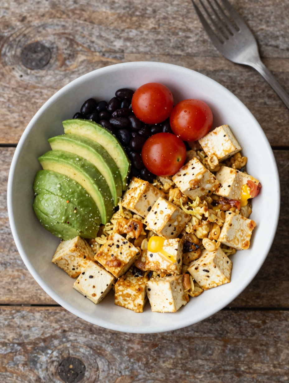 Tofu scramble breakfast bowl with black beans, sliced avocado and cherry tomatoes