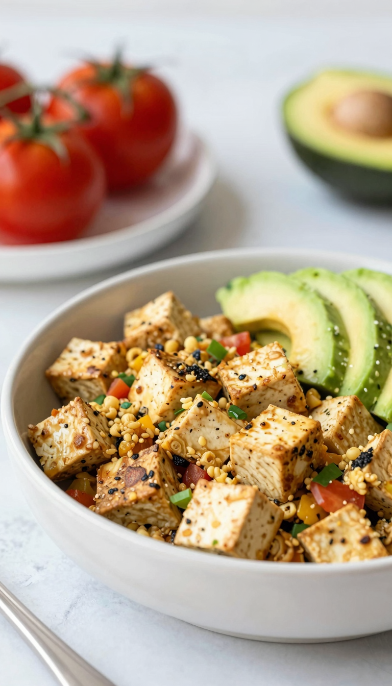 Overhead shot of vegan tofu scramble bowl with avocado and tomatoes, bright morning light