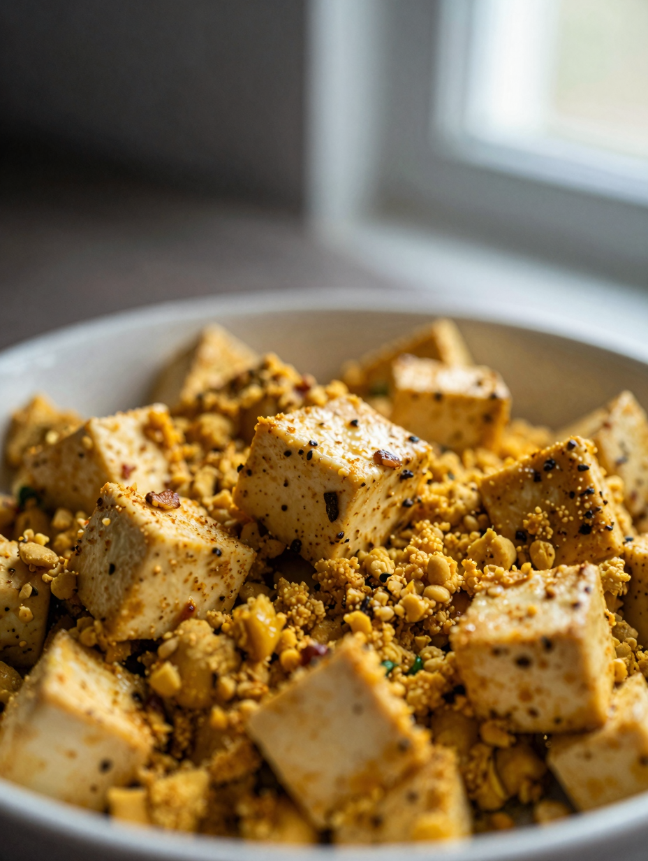 Close-up of golden turmeric-spiced tofu scramble showing crumbly texture
