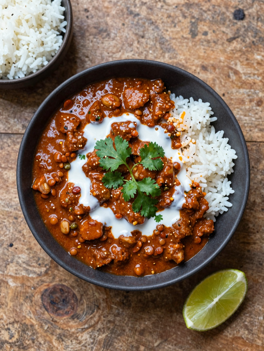 Bowl of vegan red lentil curry with coconut milk, cilantro and lime, served with rice