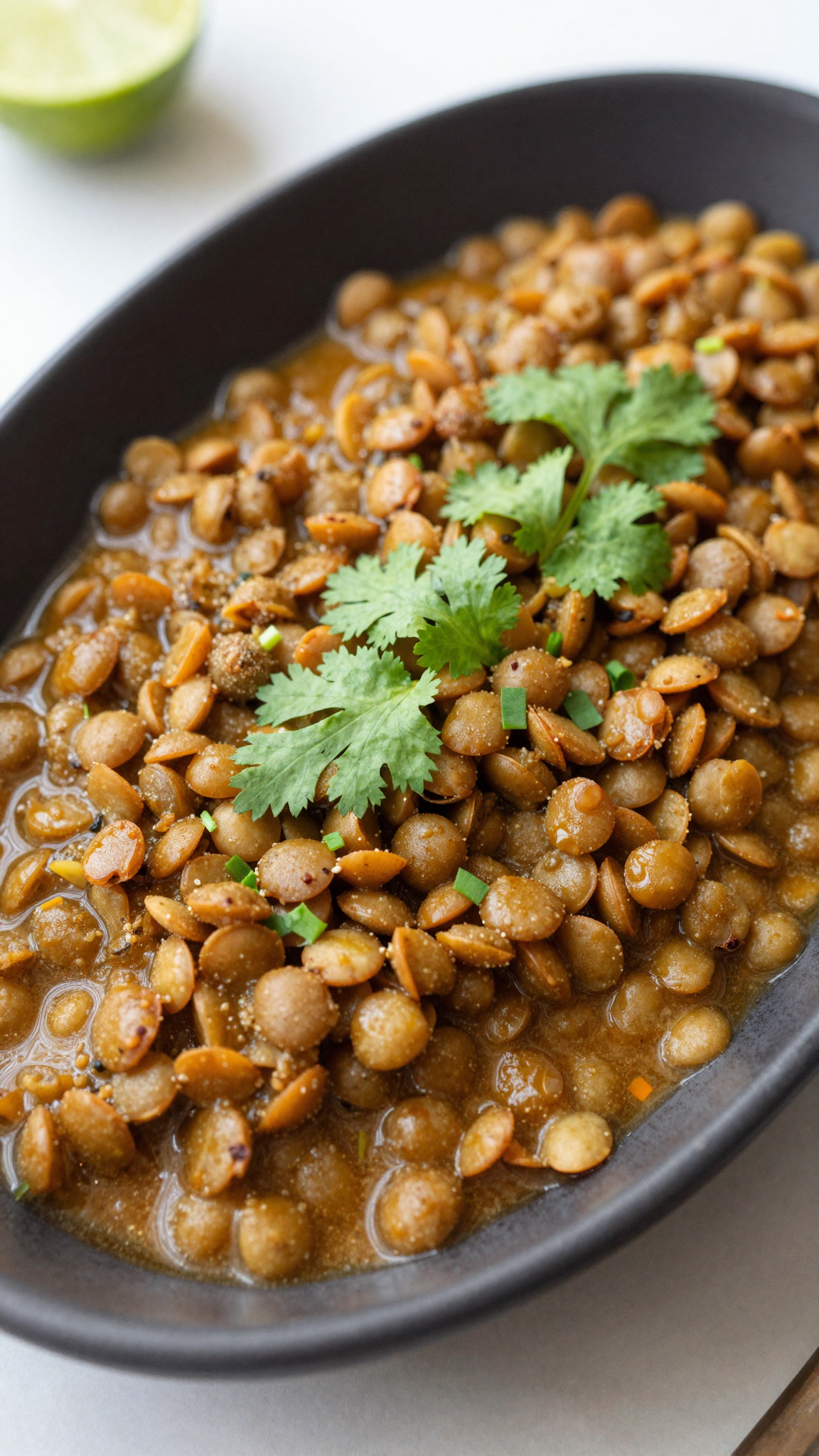 Overhead shot of vegan lentil curry in a dark bowl with cilantro and lime garnish
