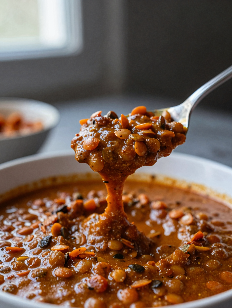 Close-up spoon lifting thick red lentil curry showing creamy texture